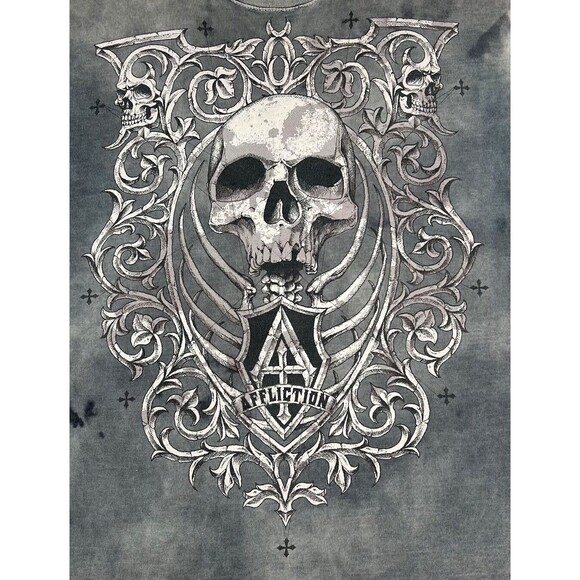 Vintage Y2K Affliction Skull Fade Grunge Biker Gray T Shirt Distressed Mens L - Picture 2 of 5